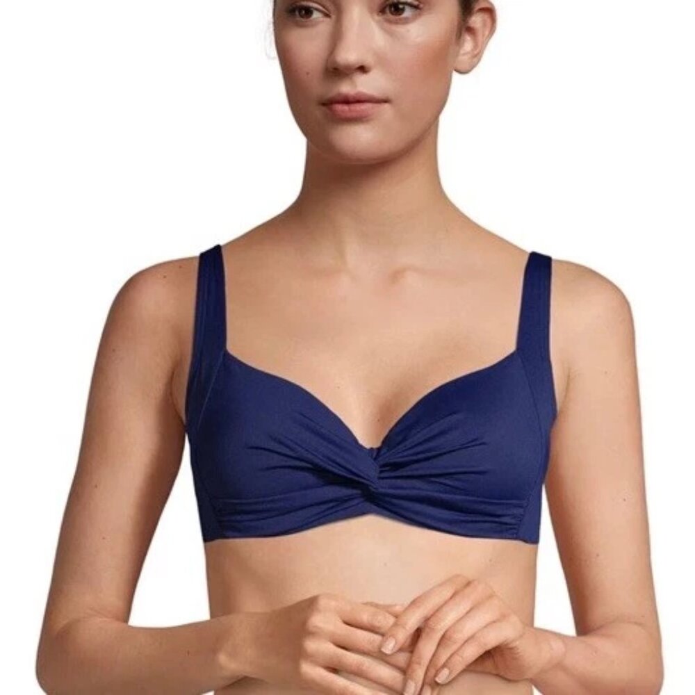 NWT Lands' End Sweetheart Twist-Front Underwire Bikini Top, Navy Size 10 DD